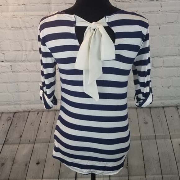 Faith and Joy Tops - Faith & Joy Navy and ivory Striped Bow Back Top M